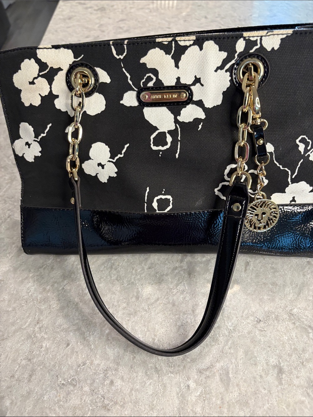Anne Klein Black and White Floral Tote with Gold Hardware
